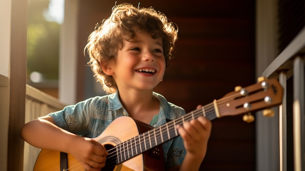 Bezpłatne zdjęcie portret młodego chłopca z gitarą