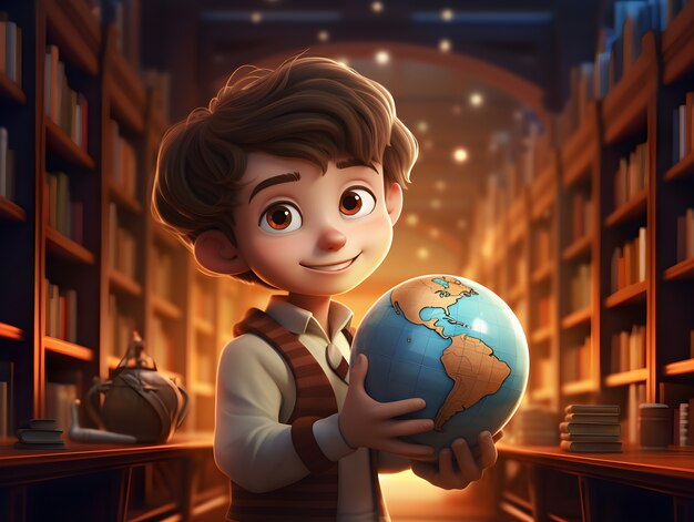 Portret młodego chłopca z globusem na Dzień Edukacji