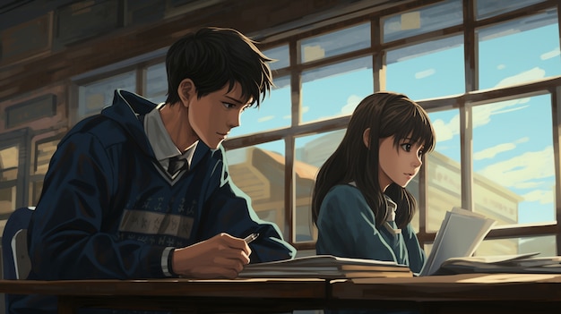 Portret młodego ucznia uczęszczającego do szkoły w stylu anime