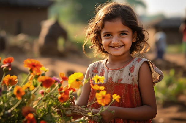 Portret młodej dziewczyny na polu kwiatów