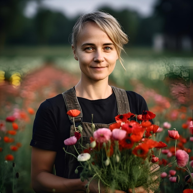 Bezpłatne zdjęcie portret młodej kwiaciarki na polu maku