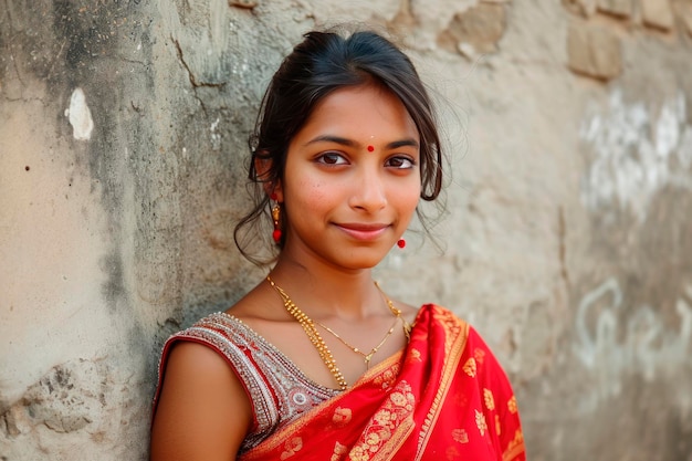 Bezpłatne zdjęcie portret młodej pięknej indyjskiej kobiety z sari