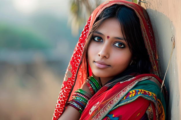 portret młodej pięknej indyjskiej kobiety z sari