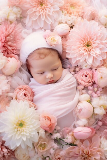 Portret noworodka z kwiatami