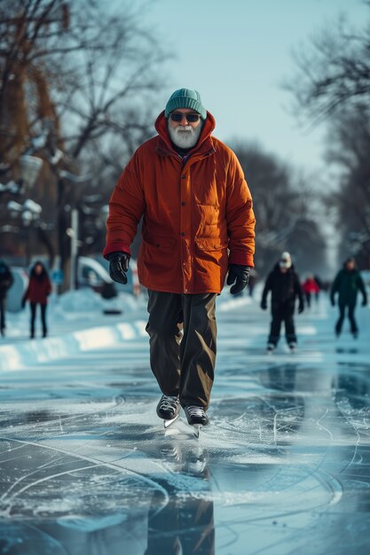 Portret osoby łyżwiącej na lodzie na świeżym powietrzu w zimie