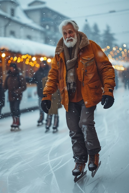 Bezpłatne zdjęcie portret osoby łyżwiącej na lodzie na świeżym powietrzu w zimie