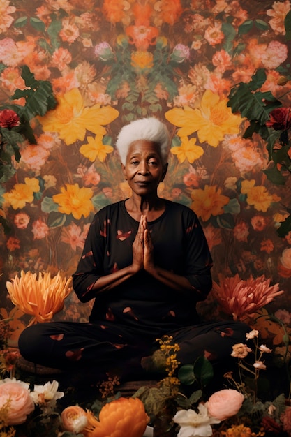 Portret osoby praktykującej jogę z kwiatowym tłem