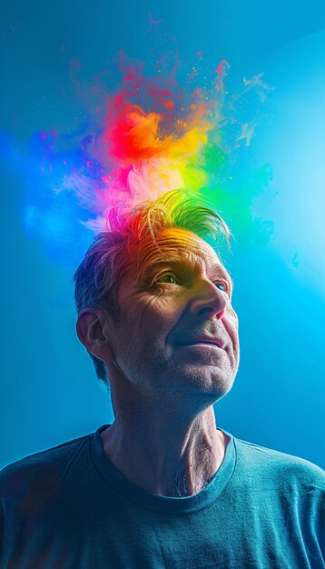 Portret osoby z kolorami tęczy symbolizującymi myśli mózgu ADHD