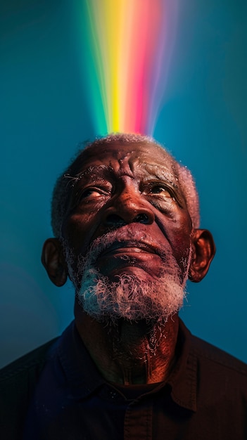 Portret osoby z kolorami tęczy symbolizującymi myśli mózgu ADHD