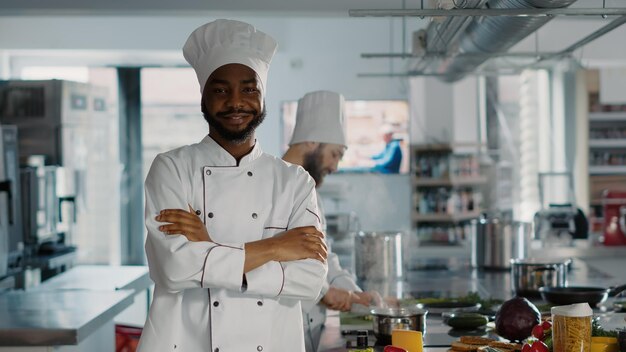 Portret pewny siebie mężczyzna pracujący jako szef kuchni w kuchni dla smakoszy, gotowanie danie restauracji z żywnością ekologiczną. Młody kucharz przygotowujący posiłek gastronomiczny z pysznym przepisem kulinarnym. Strzał z ręki.