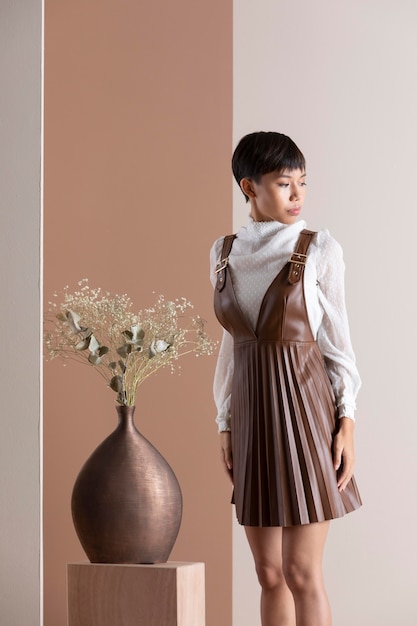 Bezpłatne zdjęcie portret pięknej azjatyckiej kobiety w jesiennych ubraniach