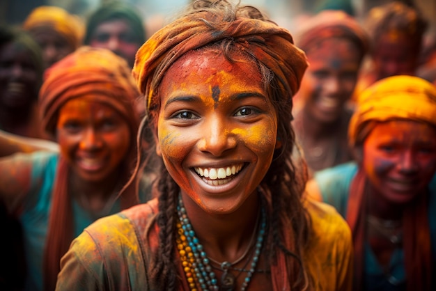 Bezpłatne zdjęcie portret pięknej indyjskiej kobiety uśmiechającej się na festiwalu holi entuzjastycznych uczestników festiwalu