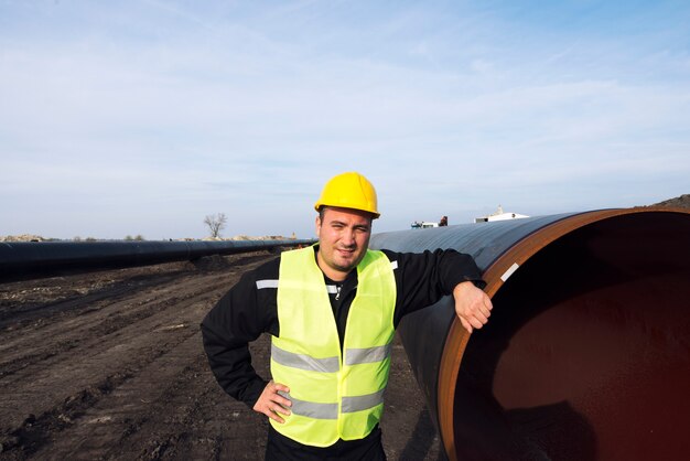 Portret pracownika przemysłowego stojącego przy rurze gazowej na budowie