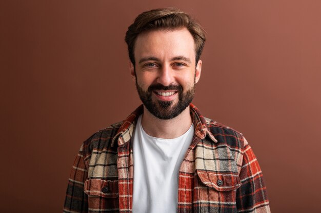 Portret przystojny atrakcyjny stylowy brodaty mężczyzna na brązowym