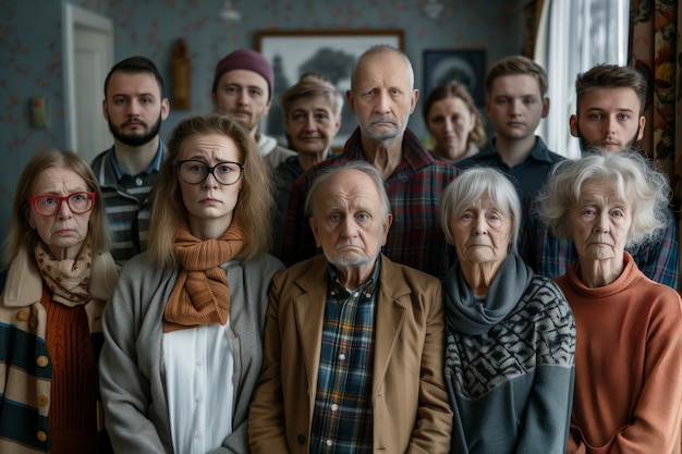 Portret rodziny wielogeneracyjnej dzielącej dom z powodu nieosiągalnego wzrostu cen na rynku mieszkaniowym