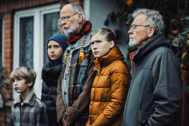 Portret rodziny wielogeneracyjnej dzielącej dom z powodu nieosiągalnego wzrostu cen na rynku mieszkaniowym