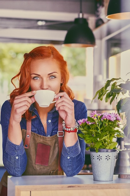 Bezpłatne zdjęcie portret rude kobiece barista w małej kawiarni.