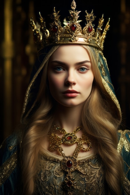 Portret średniowiecznej królowej z koroną na głowie