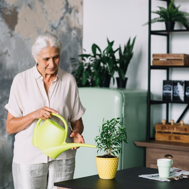 Portret starsza kobieta nawadnia garnek rośliny