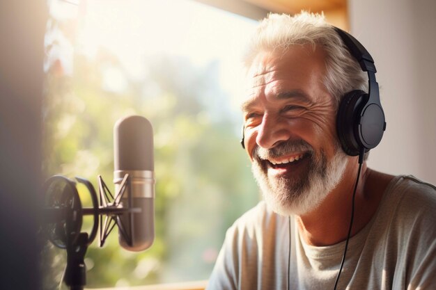 Portret starszej osoby słuchającej transmisji radiowej