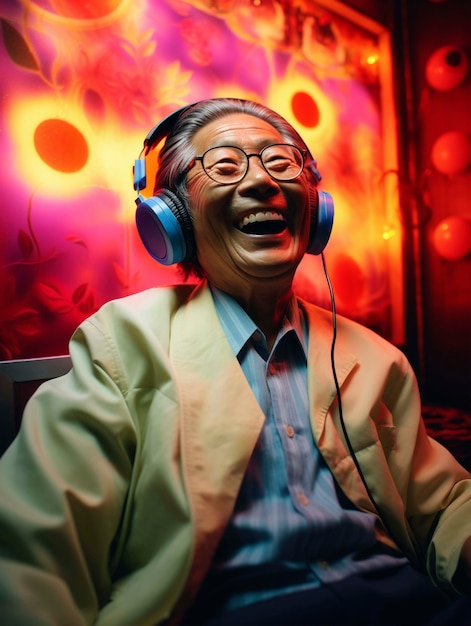 Portret starszej osoby słuchającej transmisji radiowej