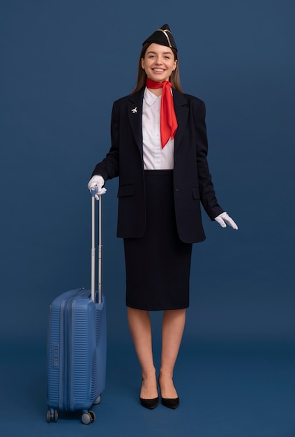 Portret stewardesa z bagażem