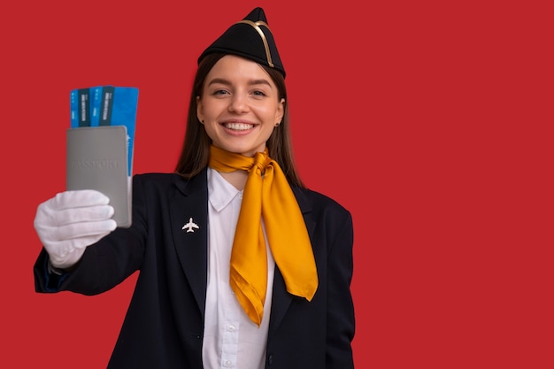 Portret Stewardessy Z Biletami Lotniczymi I Paszportem