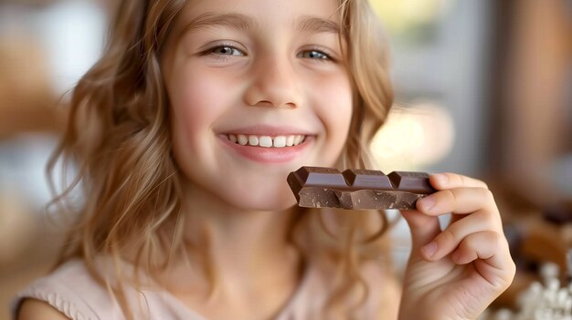 Portret szczęśliwego dziecka jedzącego pyszną czekoladę