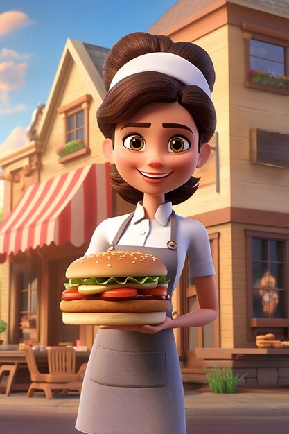 Portret szefa kuchni lub kucharza trzymającego hamburger z fast foodem