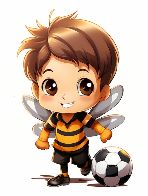 Portret uroczego chłopca z kreskówki z kostiumem pszczoły i piłką