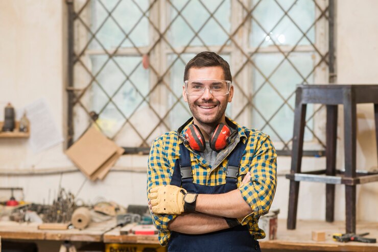 Bezpłatny plik Zdjęcie portret uśmiechnięta męska cieśla pozycja przed workbench