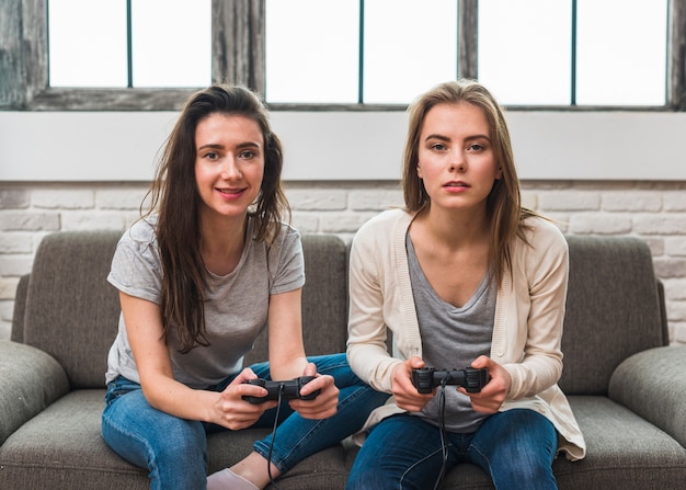 Bezpłatne zdjęcie portret uśmiechnięta młoda lesbijska para siedzi na kanapie bawić się wideo grę z joystickami