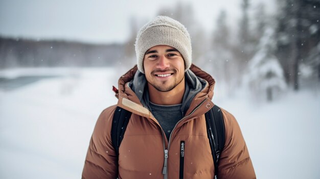 Portret uśmiechniętego człowieka w śniegu