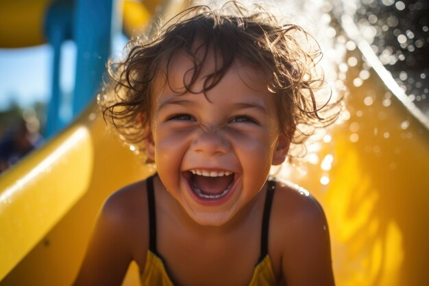 Portret uśmiechniętego dziecka na zjeżdżalni wodnej