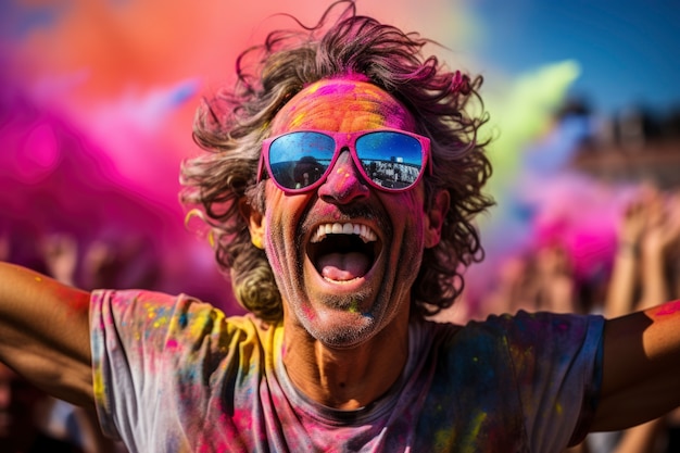 Portret uśmiechniętego mężczyzny na festiwalu holi z kolorowym proszkiem