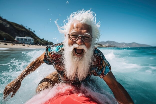 Portret uśmiechniętego starszego mężczyzny surfującego na desce surfingowej