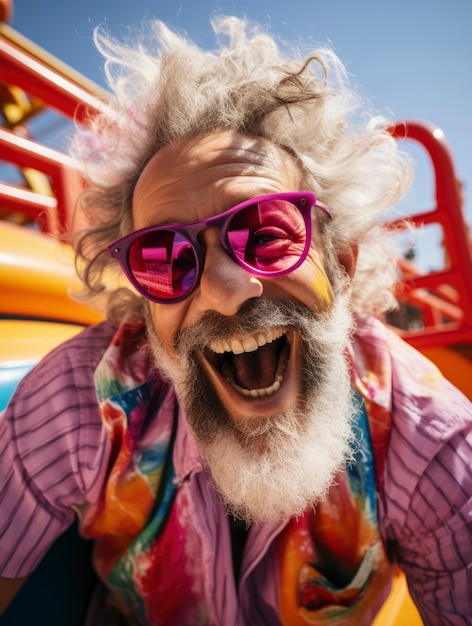 Bezpłatne zdjęcie portret uśmiechniętego starszego mężczyzny w parku rozrywki