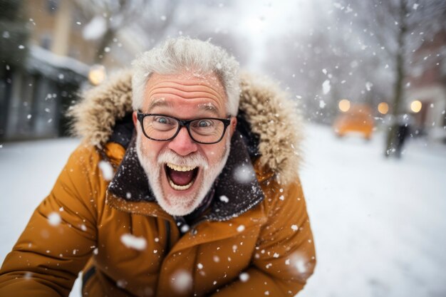 Portret uśmiechniętego starszego mężczyzny zimą podczas śniegu