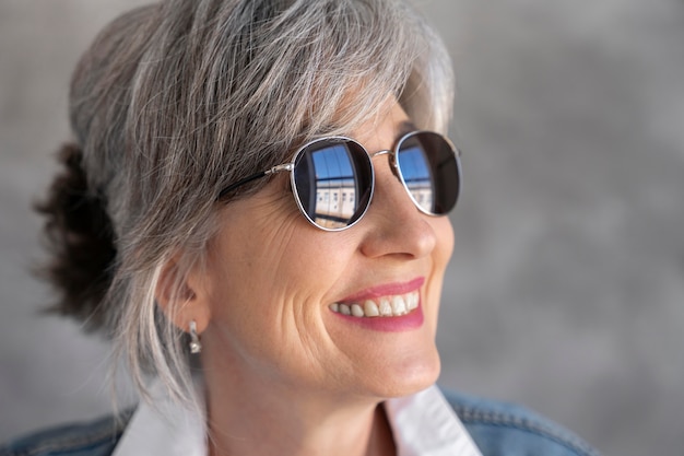 Portret uśmiechniętej starszej kobiety w okularach przeciwsłonecznych