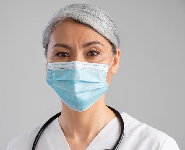 Portret żeński pracownik służby zdrowia z maską medyczną