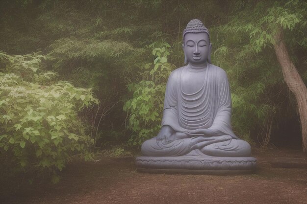 Posąg Buddy siedzi w lesie z napisem Budda na przodzie