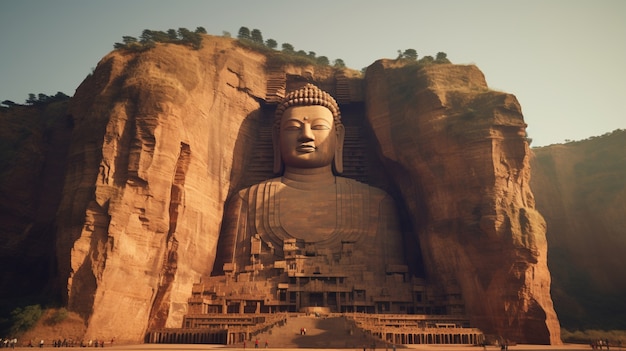 Bezpłatne zdjęcie posąg buddy wyrzeźbiony w górach