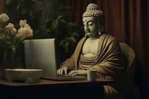 Bezpłatne zdjęcie posąg buddy z komputerem