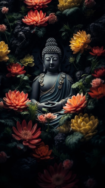 Posąg Buddy z kwitnącymi kwiatami