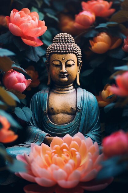 Posąg Buddy z kwitnącymi kwiatami