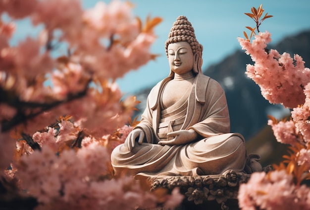 Bezpłatne zdjęcie posąg buddy z kwitnącymi kwiatami