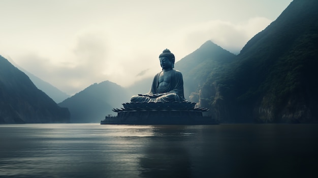 Bezpłatne zdjęcie posąg buddy z naturalnym krajobrazem wodnym