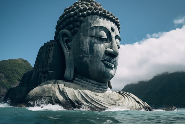 Posąg Buddy z naturalnym krajobrazem wodnym