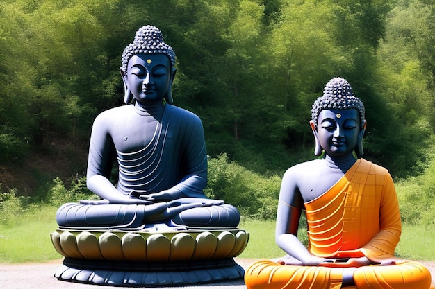 Posągi Buddy w parku z drzewami w tle