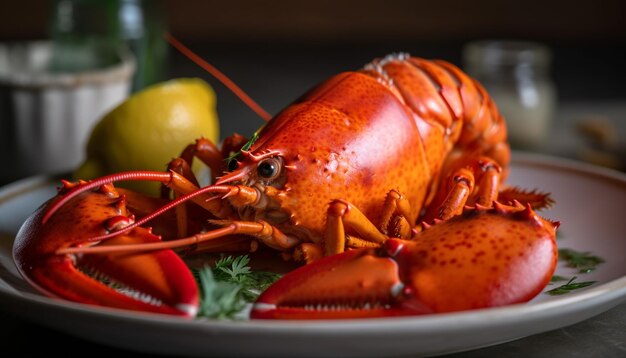 Posiłek dla smakoszy z grillowanego homara i kraba wygenerowany przez sztuczną inteligencję